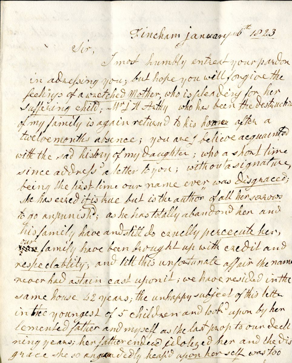 Mary Parish's letter to the Master, p1. Please see image gallery for further pages and a transcription.