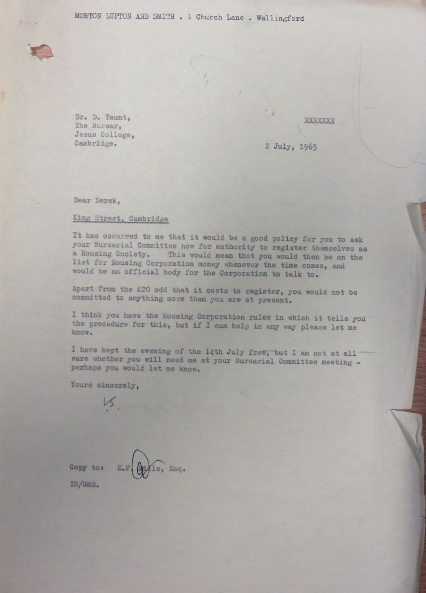 King Street Housing Society: letter from Ivor Smith suggesting to Derek Taunt that it might be good policy to register as a Housing Society (Archive ref: JCAD-3-CAM-KING-14-9-2)