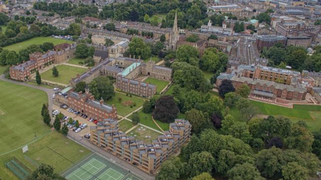 Image of Jesus College aerial view. The College has set out a roadmap for decarbonising its operations