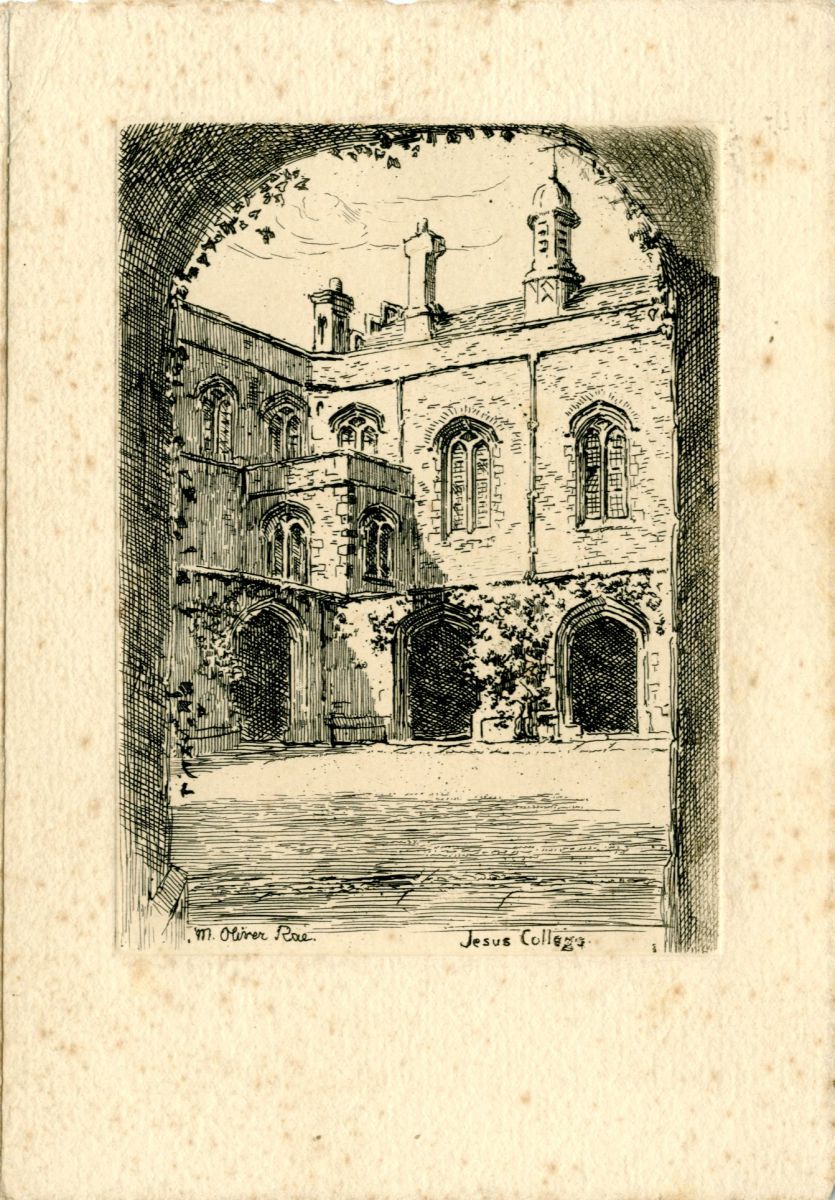View of north west corner of Cloister Court by M. Oliver Rae. Mabel Oliver Rae Parker was born in Cambridge at Jesus Lane and, after attending the Slade School of Fine Art, developed a reputation as an accomplished artist. Part of her oeuvre included depictions of Oxbridge Colleges, including this one of Jesus College (no doubt a familiar location considering her birthplace) used for a Christmas card of about 1939.