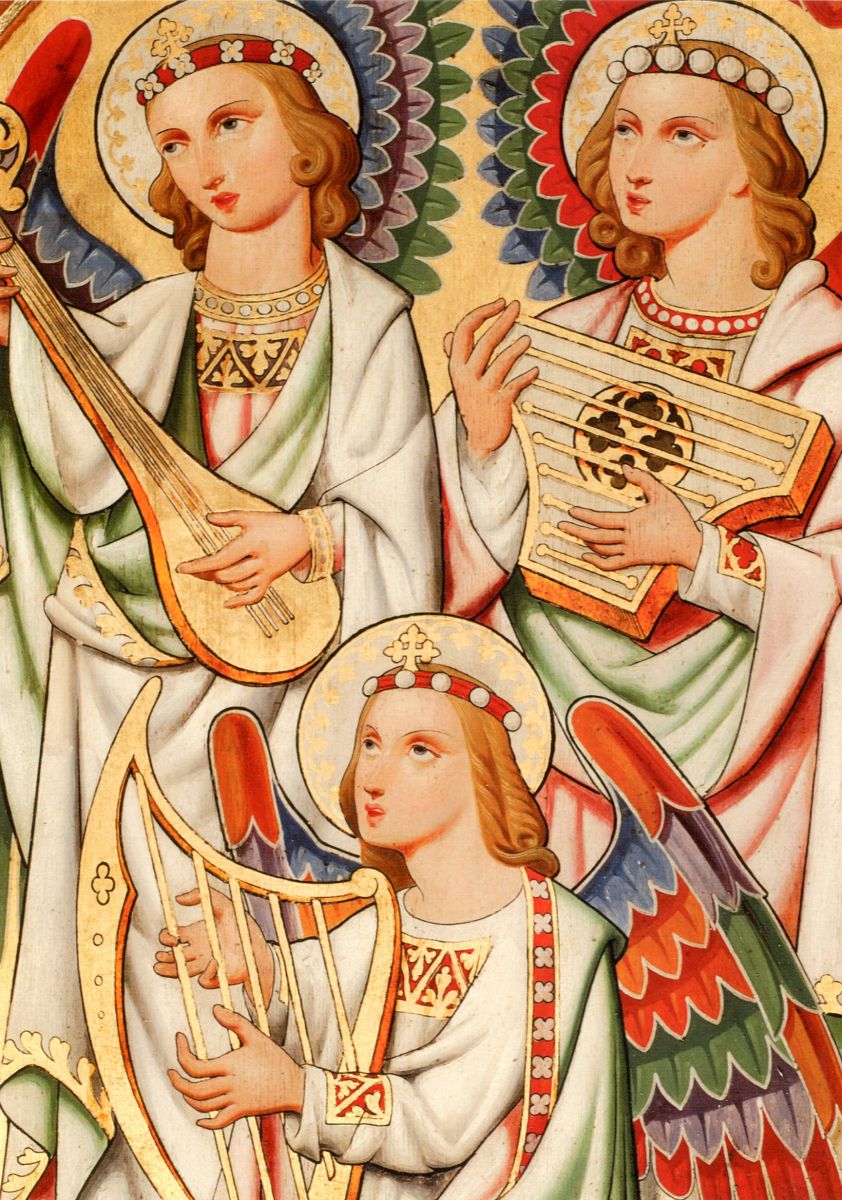 A detail from the Pugin decoration on the Sutton organ of 1849 in Jesus College Chapel. Christmas card 2007.