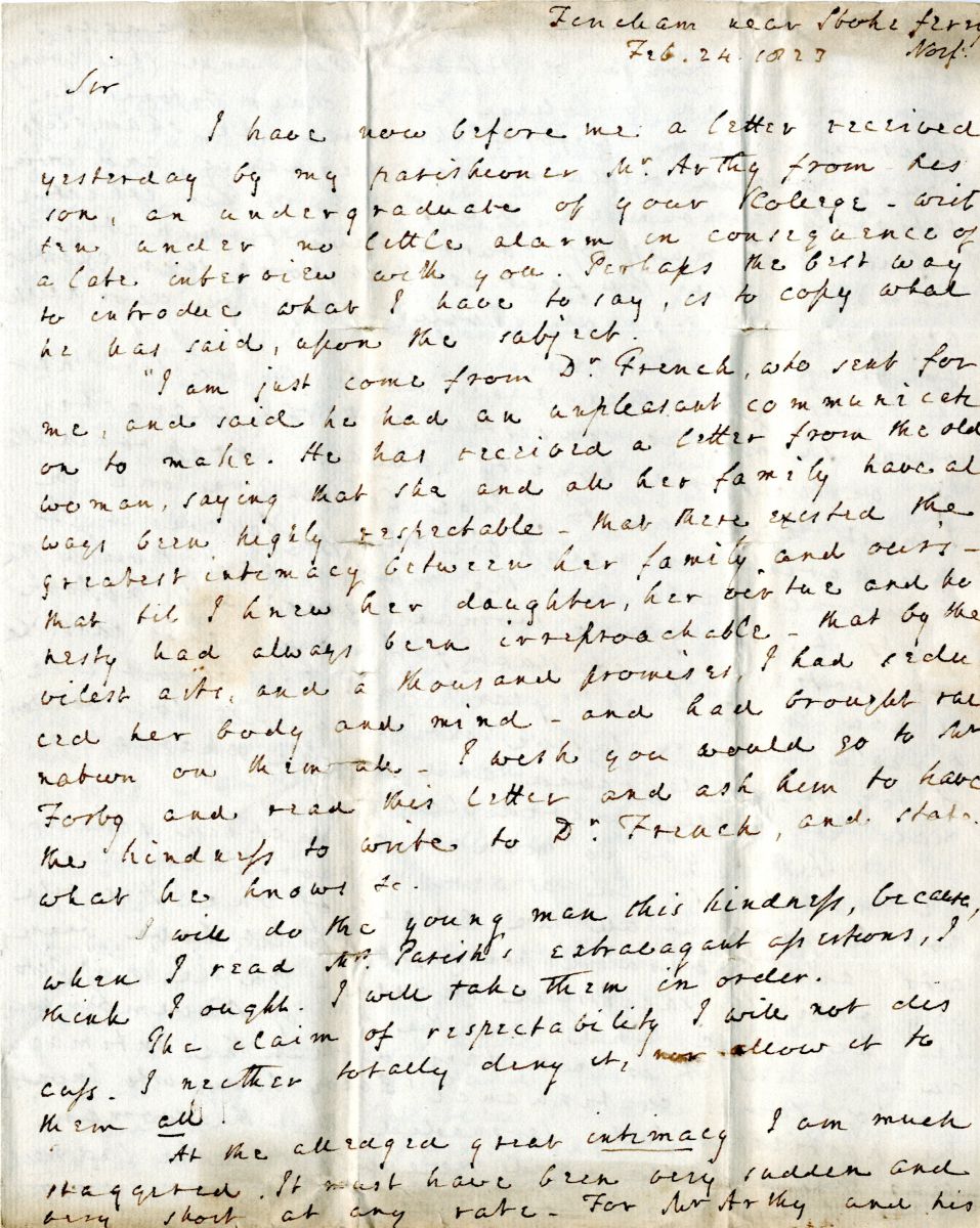 Robert Forby's letter to the Master, p1. Please see image gallery for further pages and a transcription.