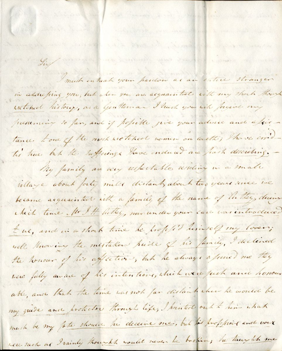 Maria Parish's first letter to the Master, p1. Please see image gallery for further pages and a transcription.