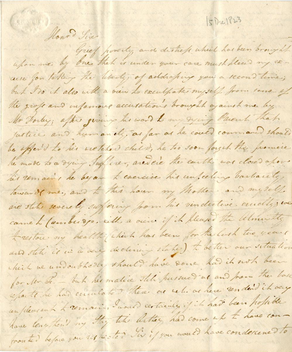 Maria Parish's second letter to the Master, p1. Please see image gallery for further pages and a transcription.