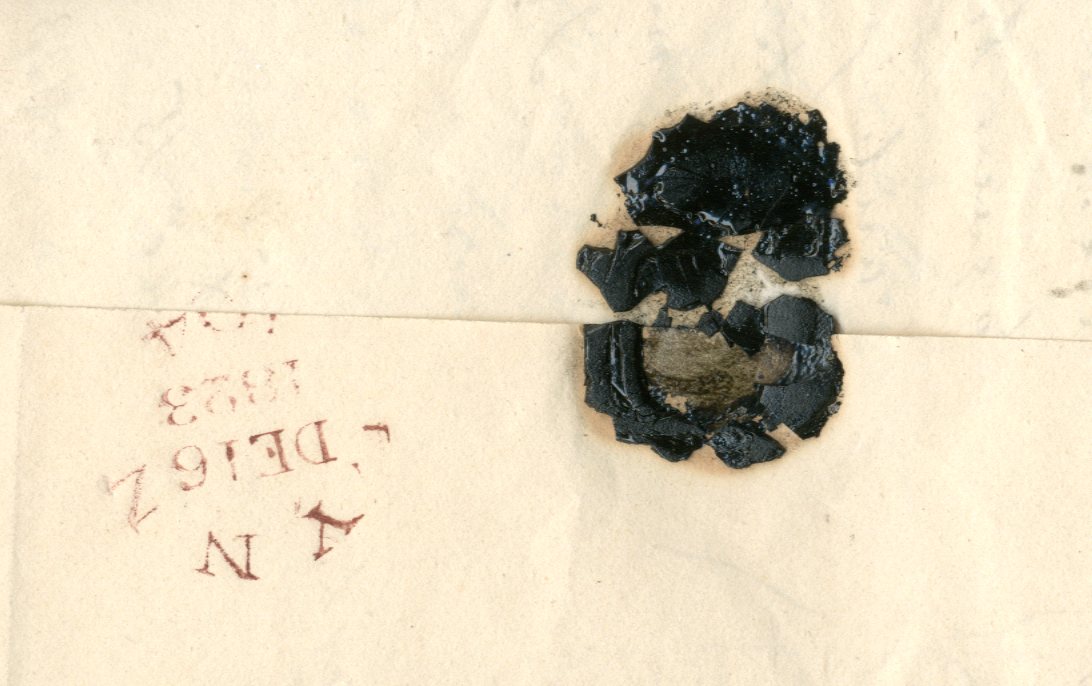 Black wax seal from Maria Parish's second letter to the Master