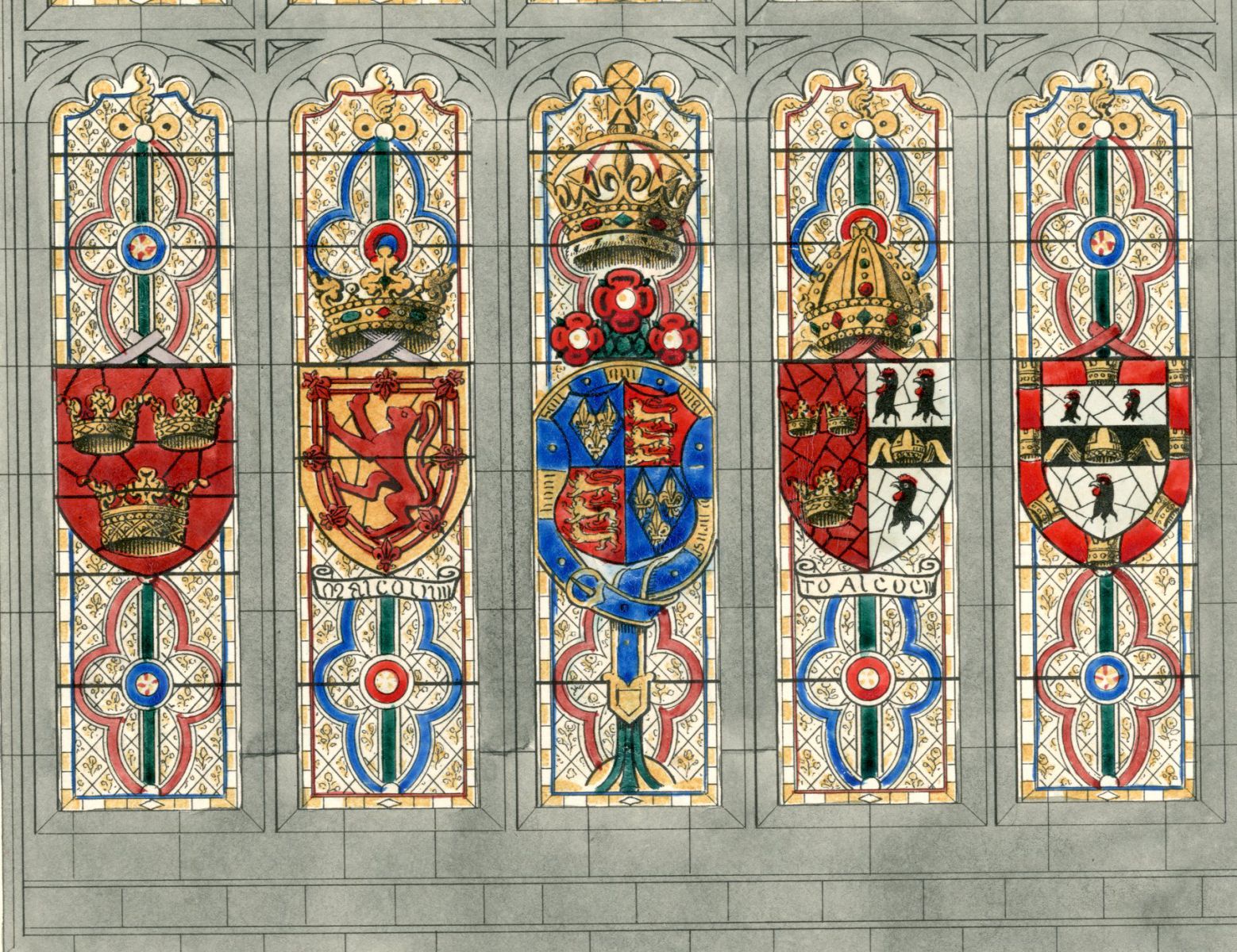 Coloured 1830s engraving showing bottom half of east window