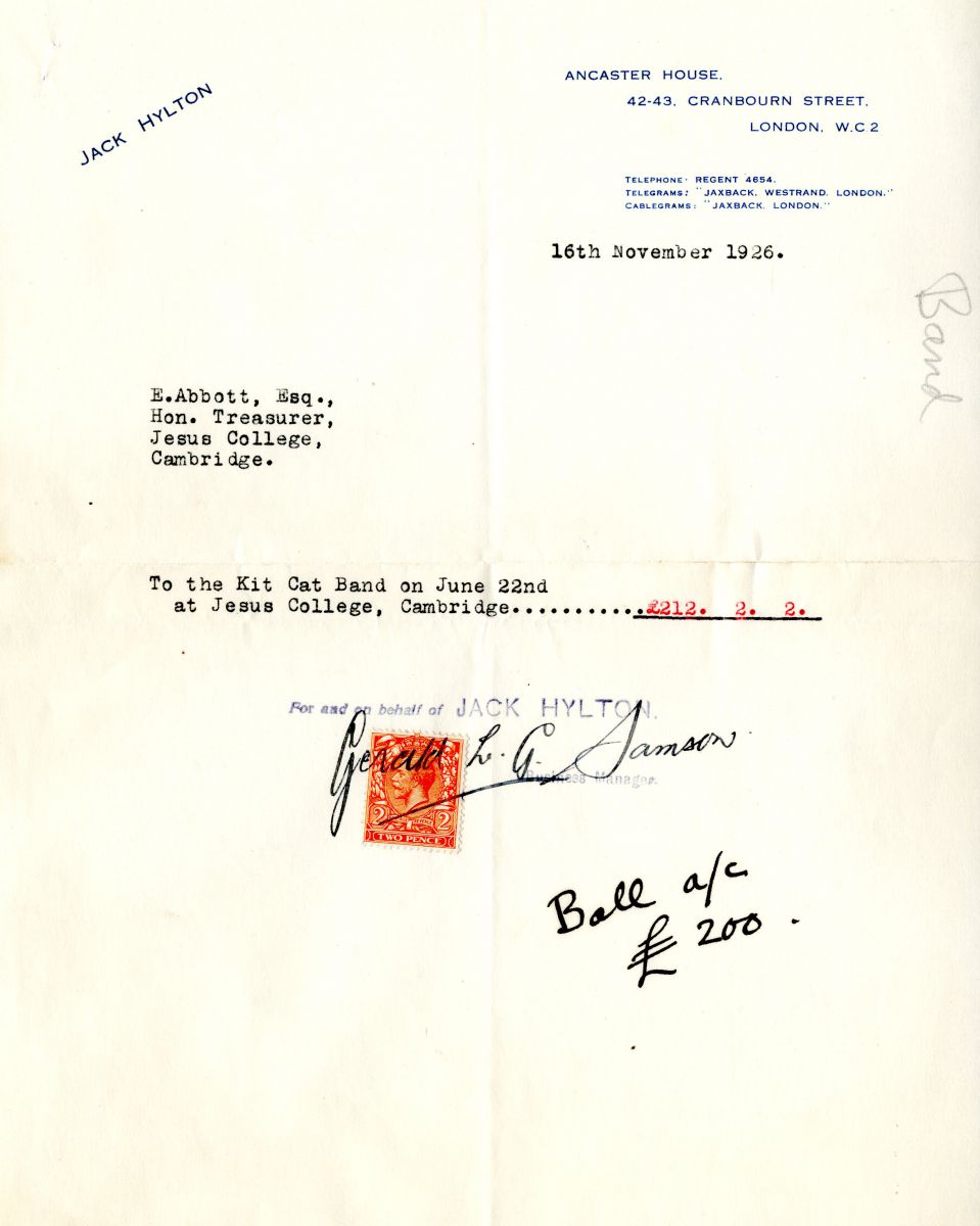 Letter from Jack Hylton agreeing fee for performance at 1926 May Ball