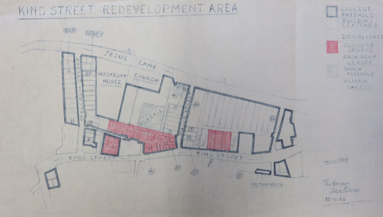 King Street redevelopment area: Early proposals. Showing area for redevelopment and ownership and status of properties. (Archive ref: JCAD-3-CAM-MALC-DEV-1-1963-3)