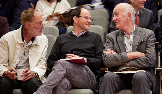 Photo of Professor Michael Waring (Emeritus Fellow), Professor Roberto Cipolla (Fellow) and Mr Nicholas Ray (Emeritus Fellow)