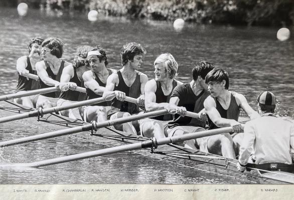 Black and white photo of 1972 First crew rowing on the Cam