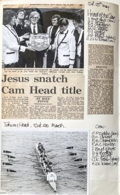 Newspaper clippings. Main headline reads "Jesus snatch Cam Head title"