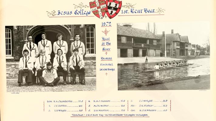 Two black and white photos of the crew: one in First Court, Jesus College, the other on the river outside the boathouse. The photos are bordered and crested with crew member names at the bottom. The title reads "Jesus College 1st Lent Boat, 1972"