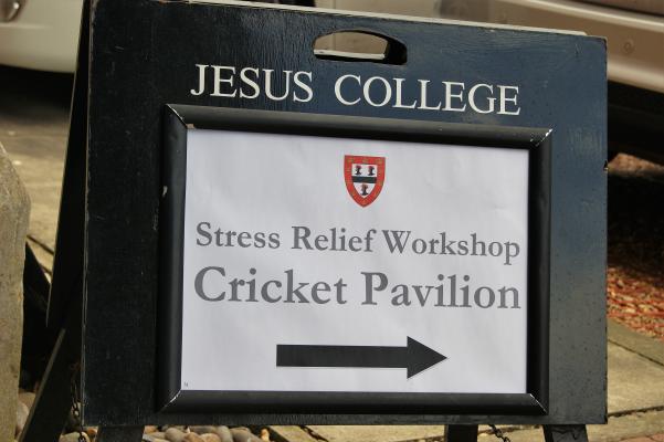 A sign for the workshop, reading: Stress relief workshop, Cricket Pavilion