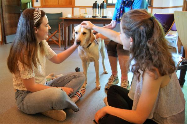 Two students petting a Labrador