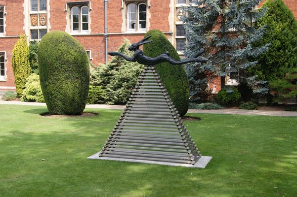 Six foot leaping hare on steel pyramid by Barry Flanagan