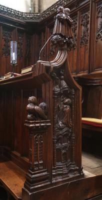 Wood carvings on pews in Jesus College Chapel