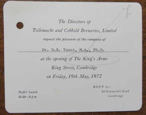 Invitation from Tollemache and Cobbold Breweries Limited to the opening of the King's Arms
