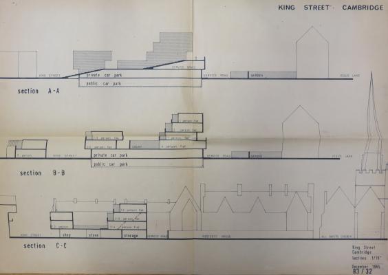 King Street redevelopment early proposals: Sections. Plan number 83/32. Shows sections AA-CC