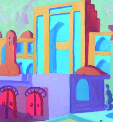 colourful abstract painting of buildings