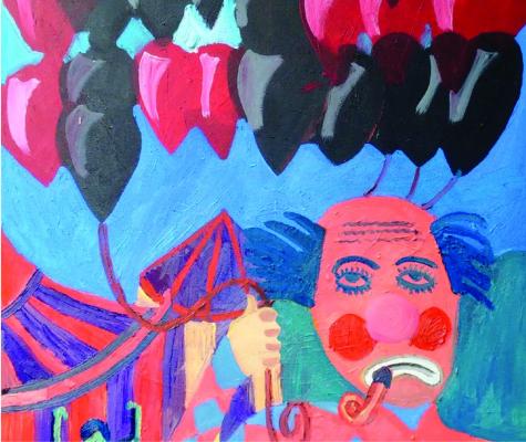 abstract painting of a clown with balloons