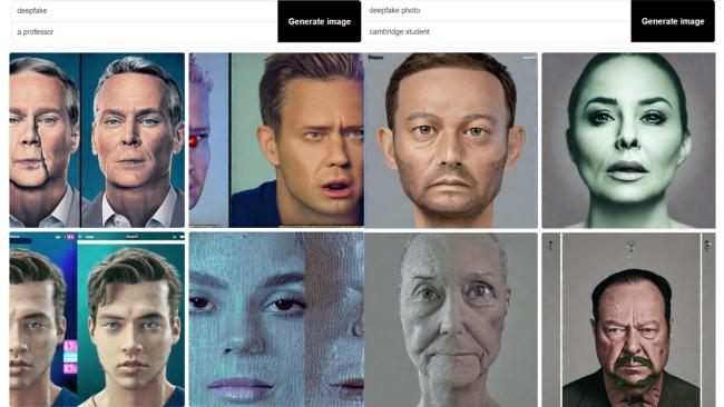 Image of A series of images created using the AI programme Stable Diffusion - on the left, the AI has combined the prompts 'deepfake' and 'a professor', and on the right, 'deepfake photo' and 'Cambridge student'