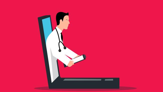 Image of A cartoon of a doctor emerging from the screen of a laptop.