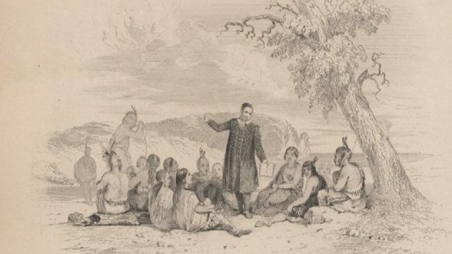 Image of John Eliot preaching to the American Indians