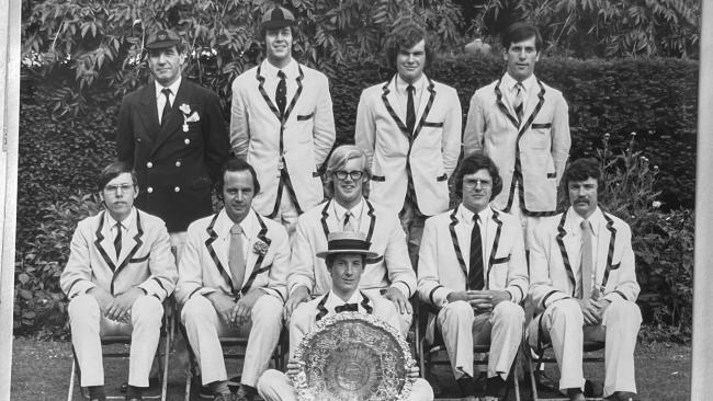 Group photo of the winning 1972 First Mays boat crew in boat club blazers with the Mays Plate