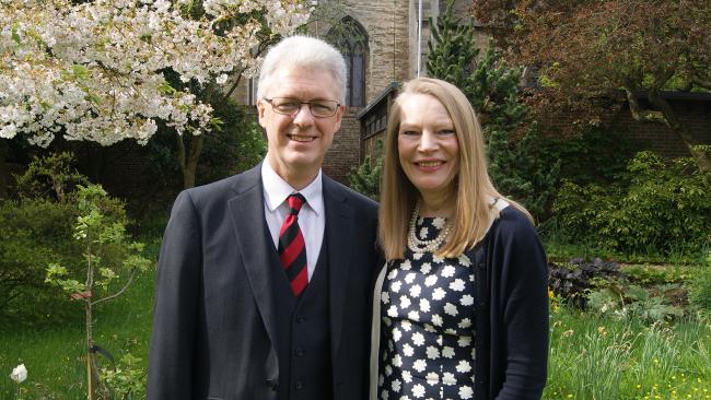 Image of Photo of Prof and Mrs White in the gardens at Jesus College