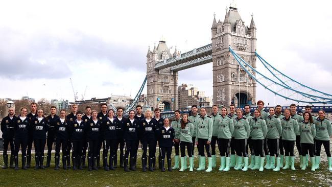 Image of The Boat Race 2018 crews with Tower Bridge London in the background