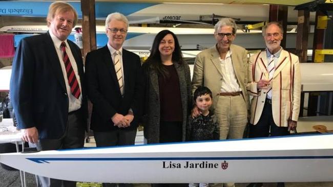Image of People gathered behind the new 'Lisa Jardine' boat