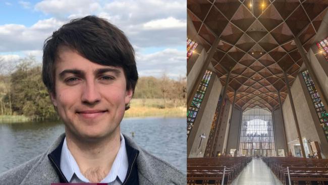 Image of Luke Fitzgerald (left, Coventry Cathedral interior (right)