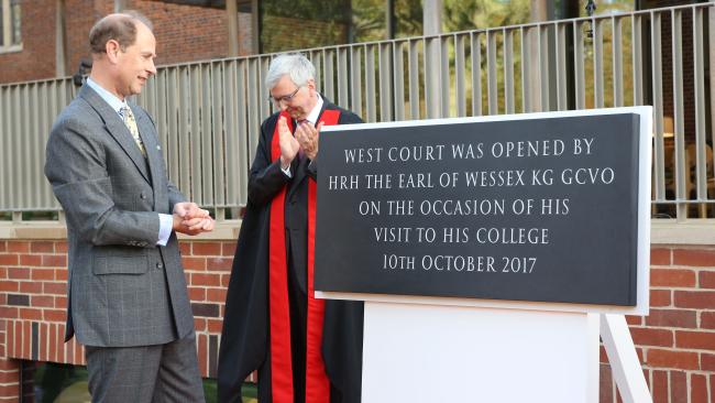 Image of HRH The Earl of Wessex unveils a plaque to commemorate the official opening of West Court