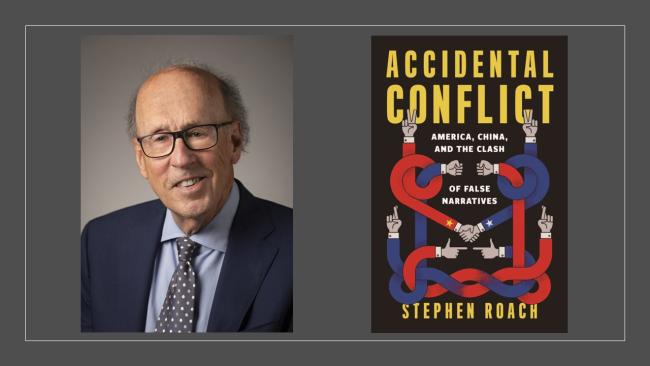 Image of Photo of Dr Stephen Roach and cover shot of his book, Accidental Conflict