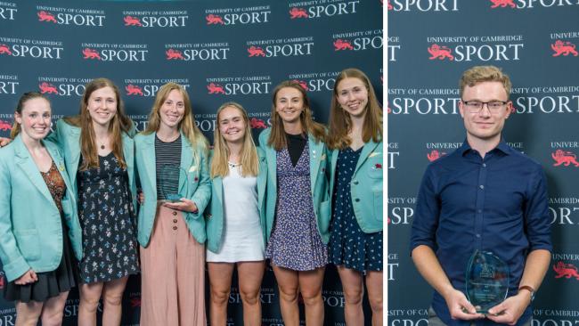 Image of Sports Awards winners: Jesuans Freya Sutcliffe (far left) Casey Shepheard (third from left with award) and Chris Woolley (right)