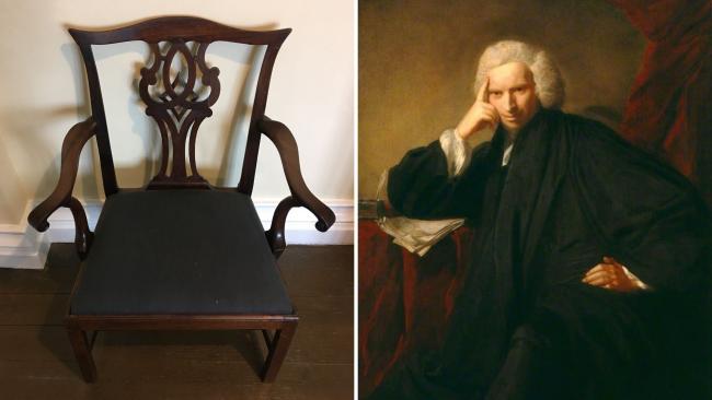 Image of From left: The chair and a portrait of Laurence Sterne which is in the College's collection