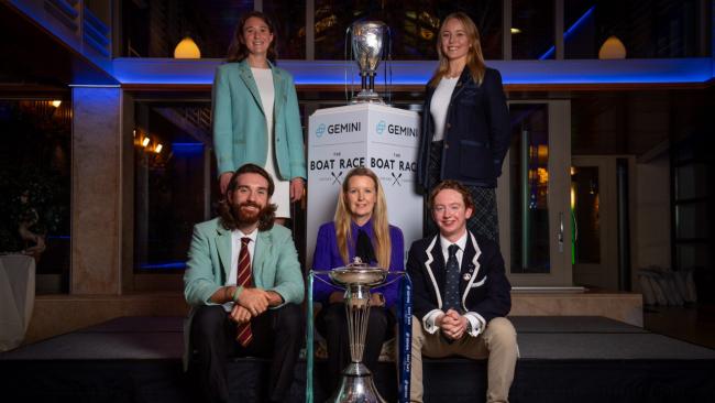 Image of Top row, from left, Jenna Armstrong (CUBC Women's President) and Ella Stadler (Oxford). Bottom from left Seb Benzecry, The Boat Race LTD chair Siobhan Cassidy and Oxford's Louis Corrigan