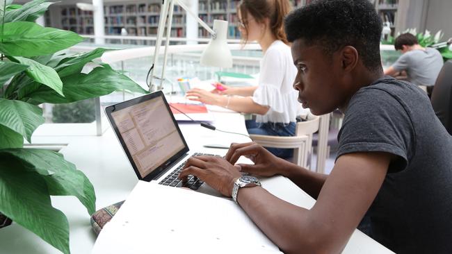Image of A student using a laptop in the Library