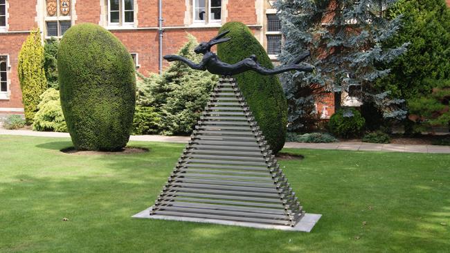 Six foot leaping hare on steel pyramid by Barry Flanagan