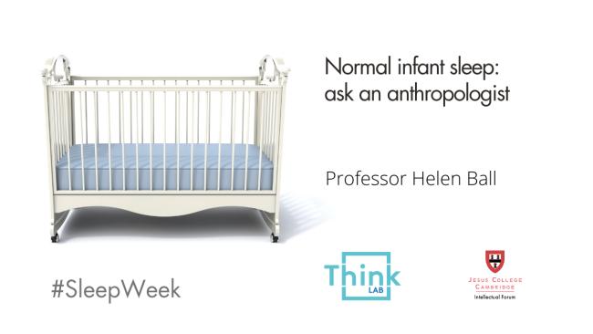 an empty cot. Text: Normal infant sleep: ask an anthropologist Professor Helen Ball, ThinkLab Intellectual Forum