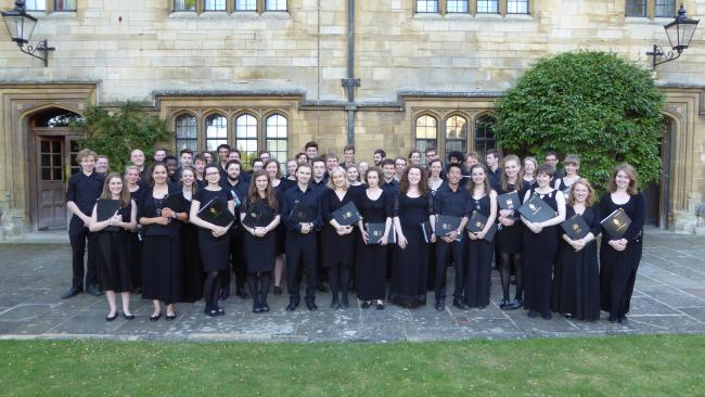 Photo of the choirs of Merton College Oxford and Jesus College Cambridge