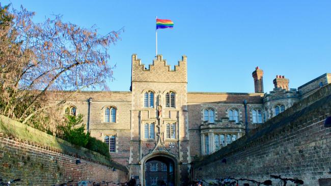 Rainbow Flag flying at the entrance to Jesus College