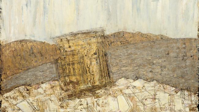 Detail from a painting, a yellow box shape with white, grey and brown background