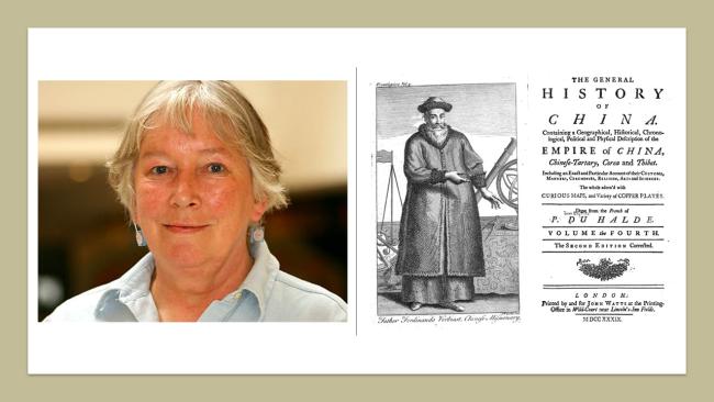 Photo of Dr Frances Wood and image of frontispiece of The General History of China by P. Du Halde