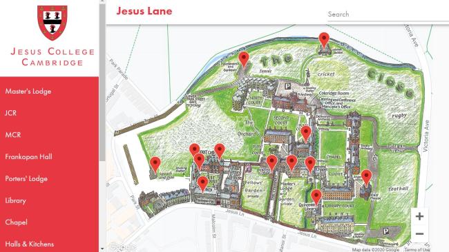 A screengrab of the Virtual Jesus homepage showing a map of the College and a navigation menu
