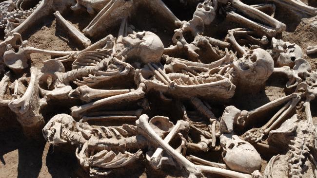 Skeletons lying over each other in a pit