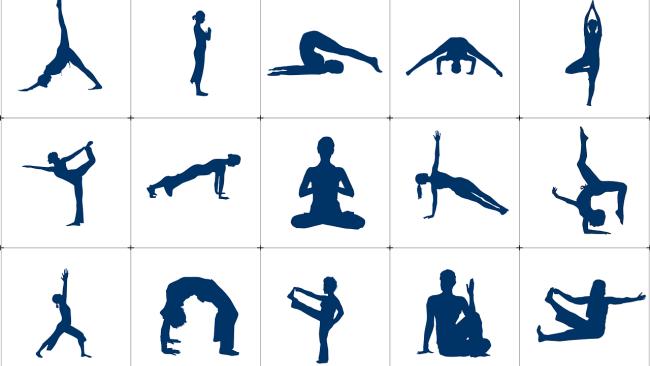 Fifteen silhouettes of people in different yoga positions, in a five by three grid.